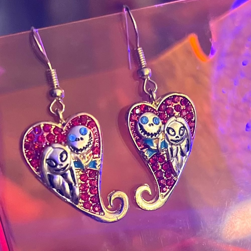 Nightmare Before Christmas Jack & Sally Dangle Heart Earrings
